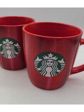 Starbucks Red Ceramic Mugs – 2013 – Set of 2 – 3.5" Diameter